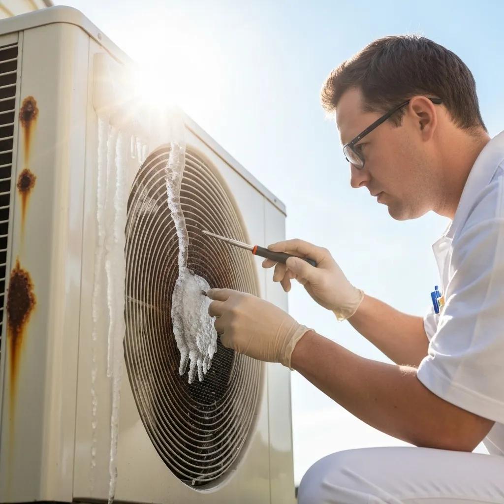 Technician carefully examining an air conditioning unit showing signs of wear, highlighting common AC repair issues we address